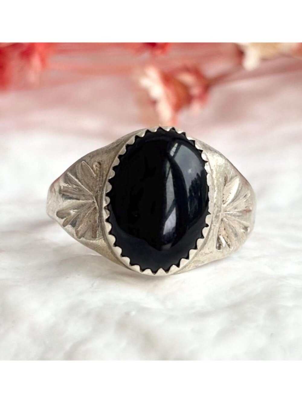 Black Onyx Gemstone Southwest Chunky Sterling Silver 925 Vintage Ring - sz 9